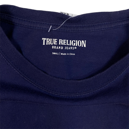 Digg It Thrift & Vintage navy blue True Religion t-shirt with interior brand label showing size small