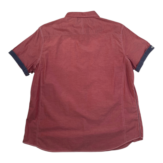 Back view of a Digg It Thrift & Vintage Phat Farm coral red short sleeve western shirt with contrast stitching.