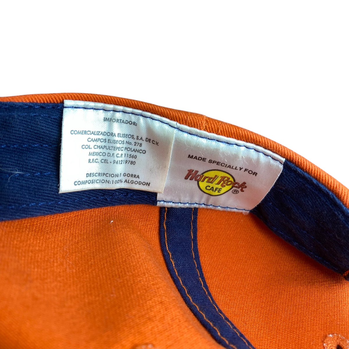 Digg It Thrift & Vintage Hard Rock Cafe Cancun baseball cap inner label showing 100% cotton material details