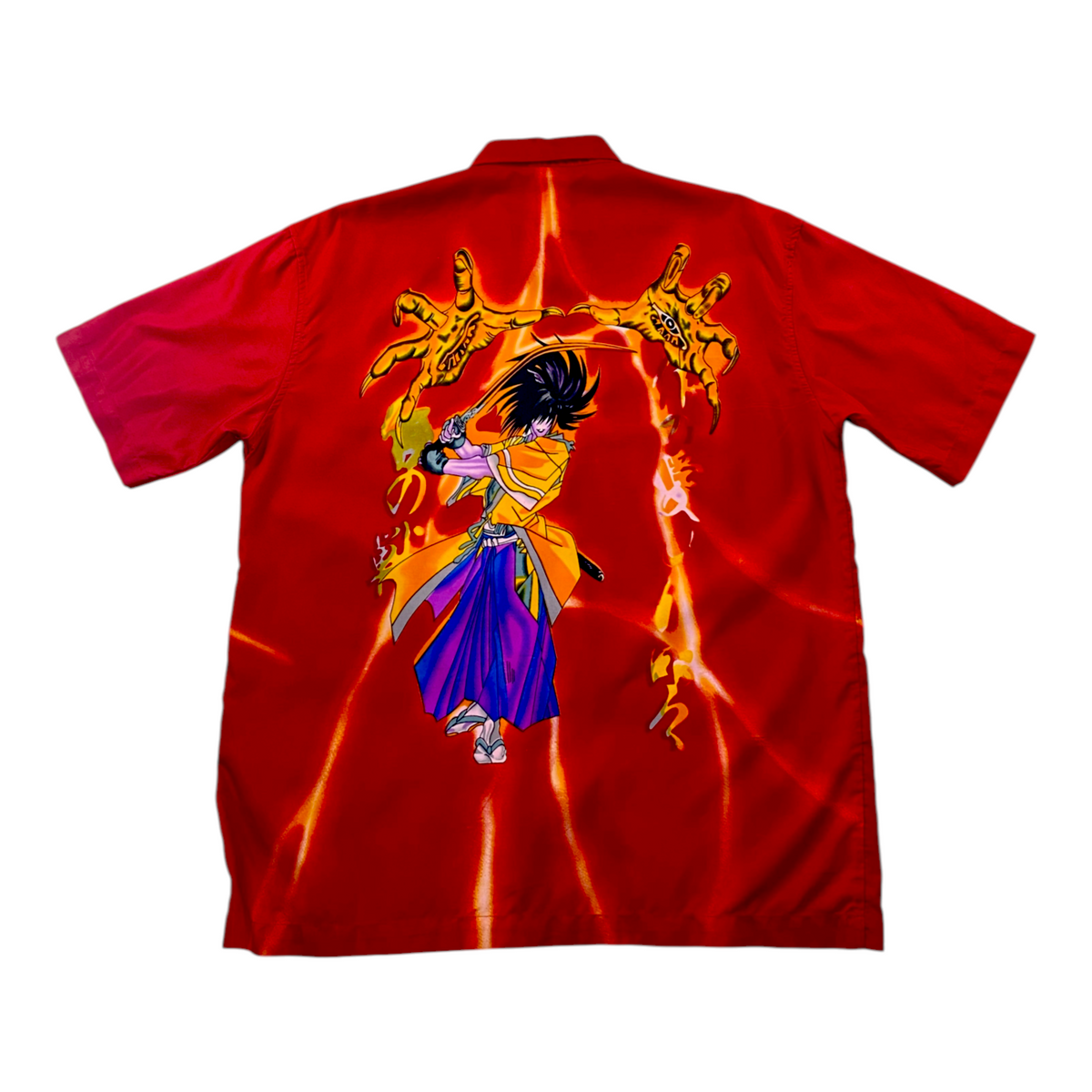 Digg It Thrift & Vintage red short sleeve shirt featuring a vibrant anime samurai graphic on the back