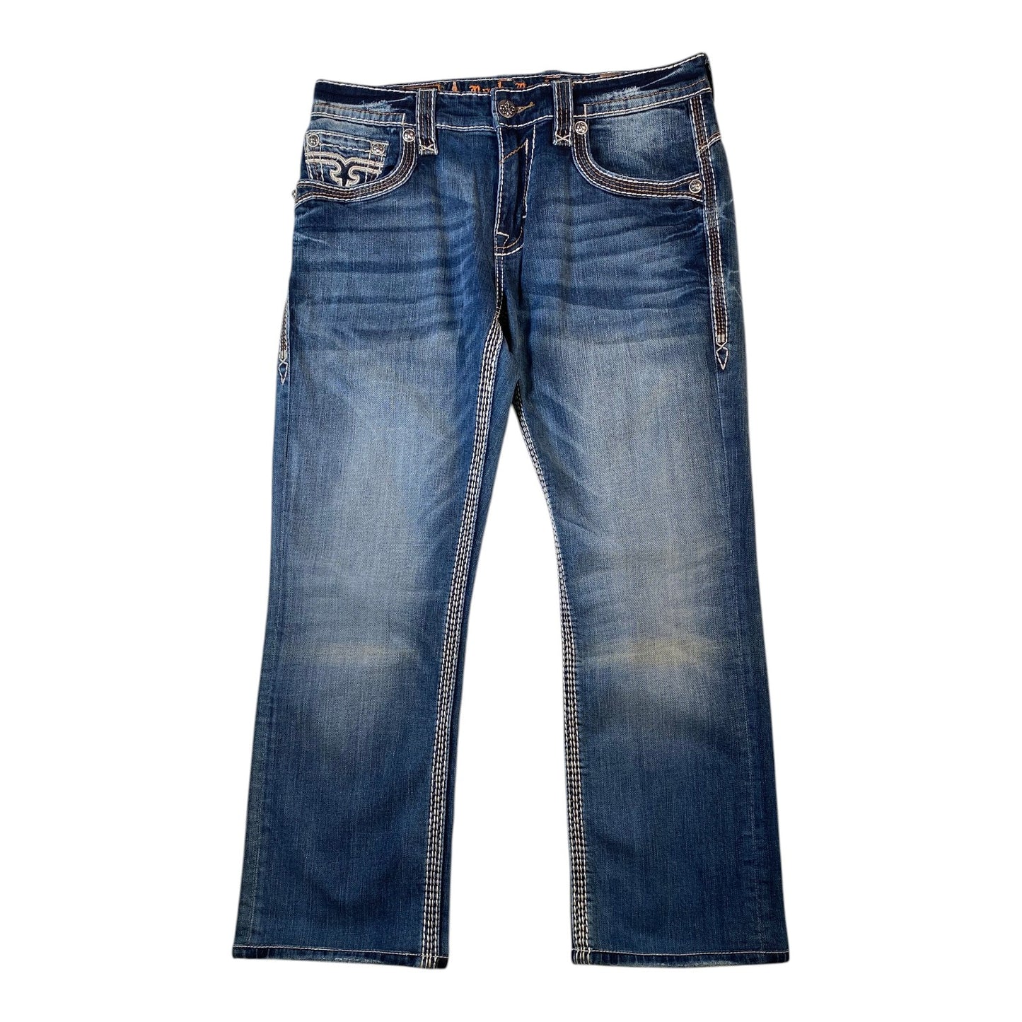 A pair of blue denim jeans with a faded wash and distinctive contrast stitching, shown flat against a white background.