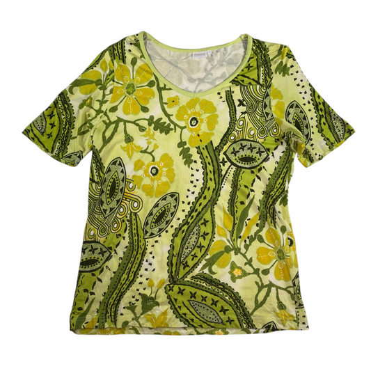 Digg It Thrift & Vintage olive and yellow floral paisley print short sleeve top with a scoop neck, size medium