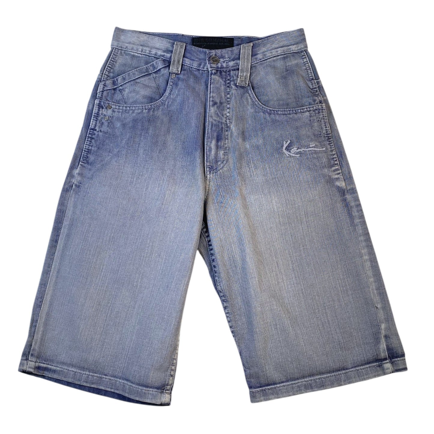 Light blue denim shorts with a faded wash, featuring a classic five-pocket design and a small distressed detail on the left thigh.