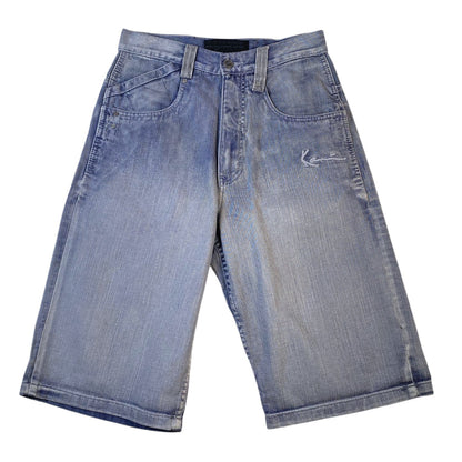 Light blue denim shorts with a faded wash, featuring a classic five-pocket design and a small distressed detail on the left thigh.