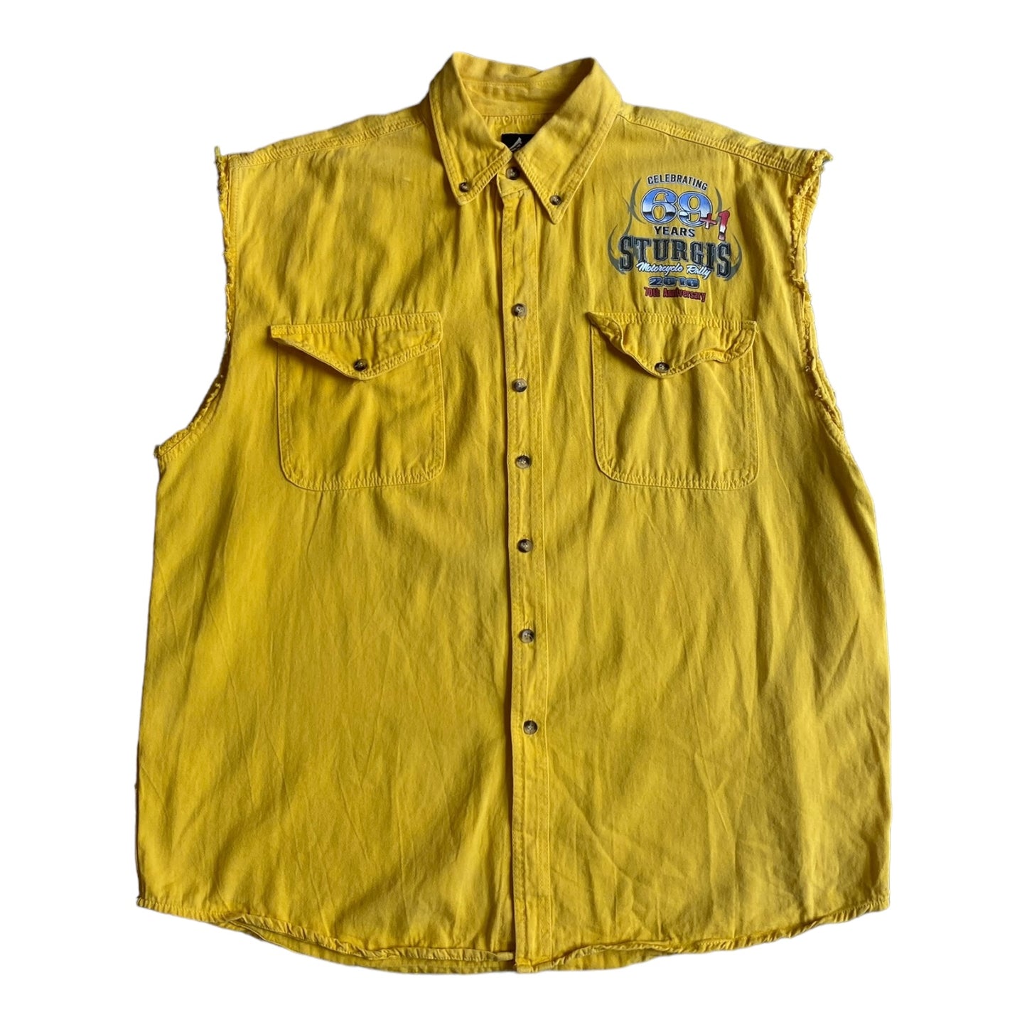 Vintage 2010 Sturgis 69+1 Anniversary Yellow Cut Sleeve Button-up