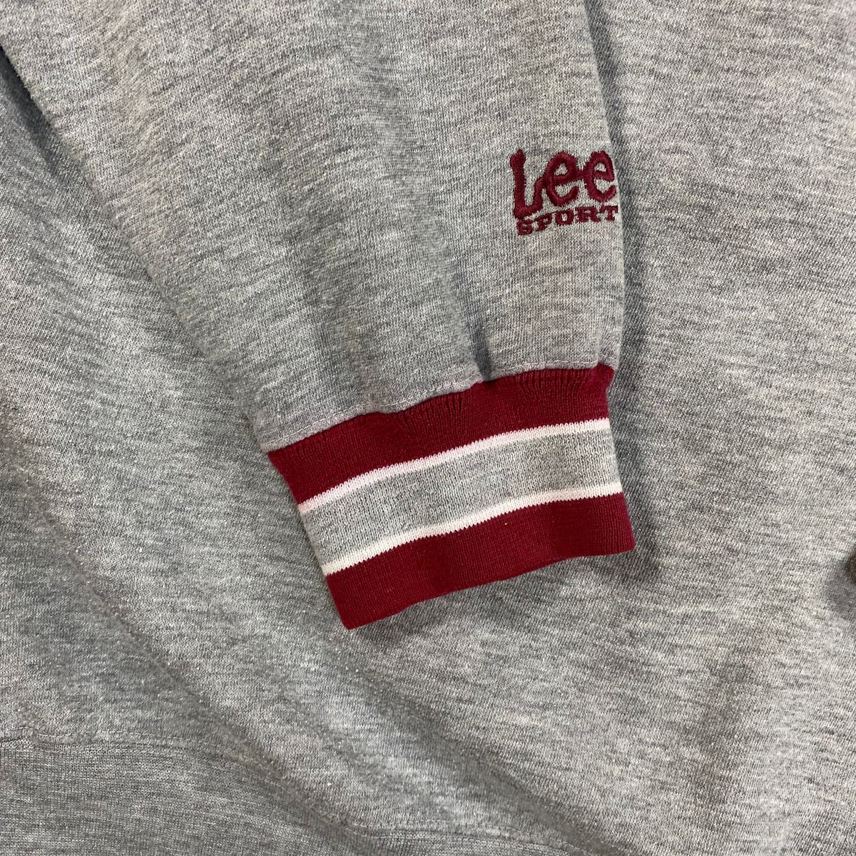 Digg It Thrift & Vintage grey Lee Sport sweatshirt sleeve with maroon and white striped ribbed cuff