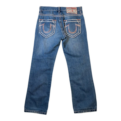 Back view of a pair of blue denim jeans with decorative contrast stitching and embroidered details on the back pockets, shown against a plain white background.