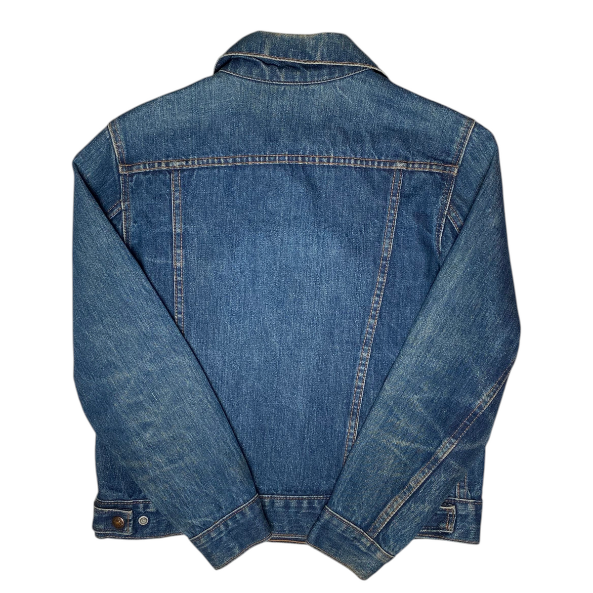Back view of a vintage Digg It Thrift & Vintage 1970s Levi's for Gals blue denim trucker jacket with faded wash.