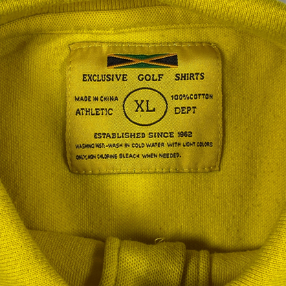 Digg It Thrift & Vintage yellow Exclusive Golf cotton polo shirt tag showing size XL and Jamaica flag detail