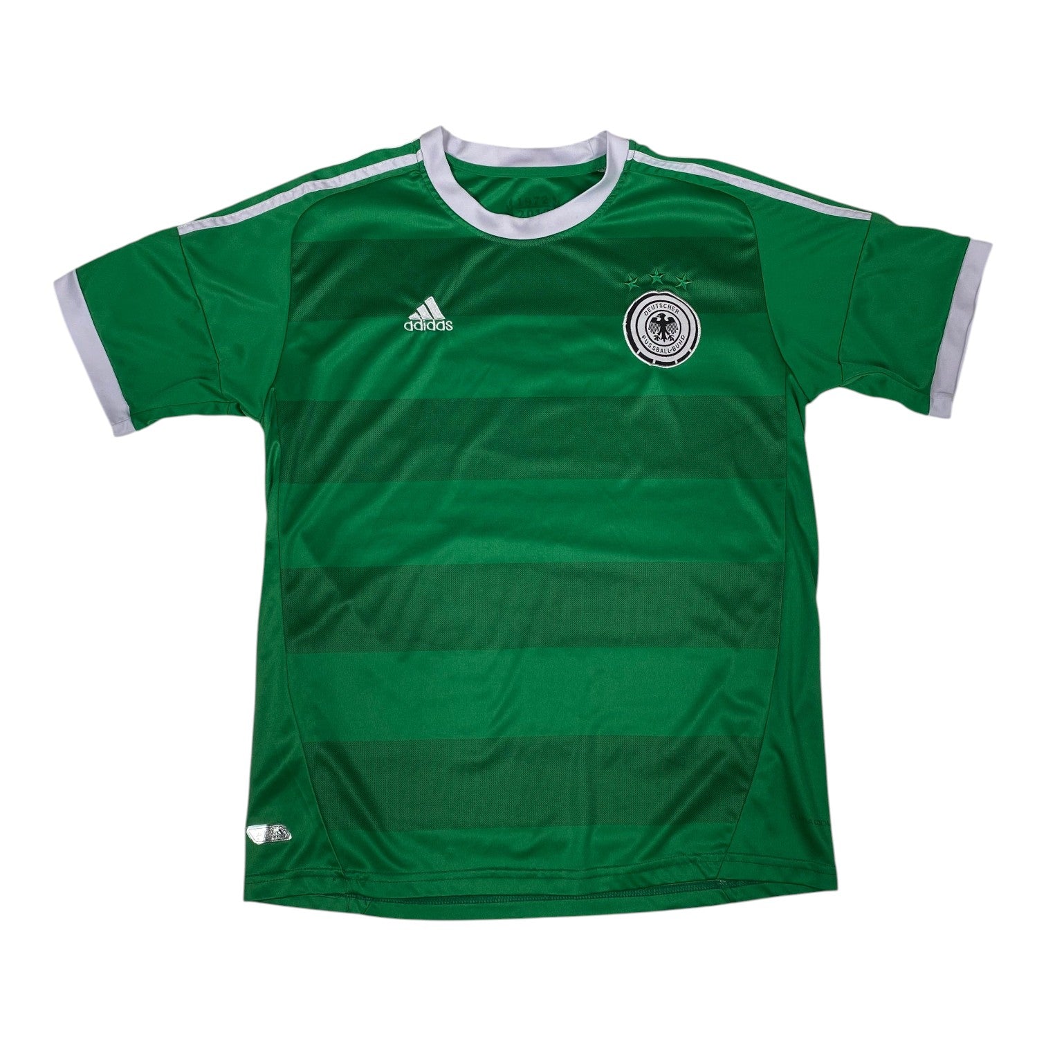 Green Adidas Germany soccer jersey with white trim on the collar and cuffs, featuring the Adidas logo and national team crest.