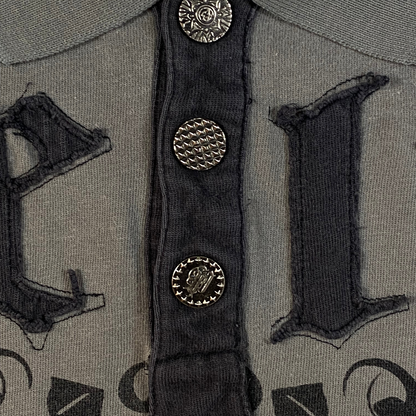 Digg It Thrift & Vintage grey Pelle Pelle Legend Reborn polo shirt with gothic lettering and ornate metal buttons