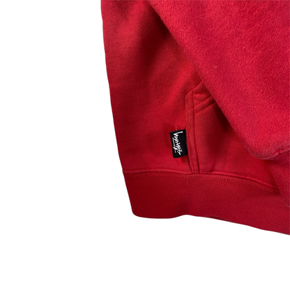 Digg It Thrift & Vintage red Stüssy pullover hoodie featuring a small black brand logo tag on the side seam