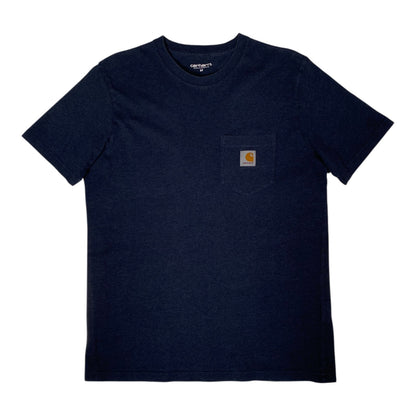 A dark navy blue short-sleeve crewneck t-shirt with a chest pocket featuring the signature Carhartt logo patch, shown flat against a white background.