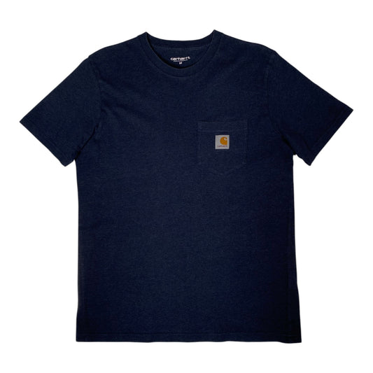 A dark navy blue short-sleeve crewneck t-shirt with a chest pocket featuring the signature Carhartt logo patch, shown flat against a white background.