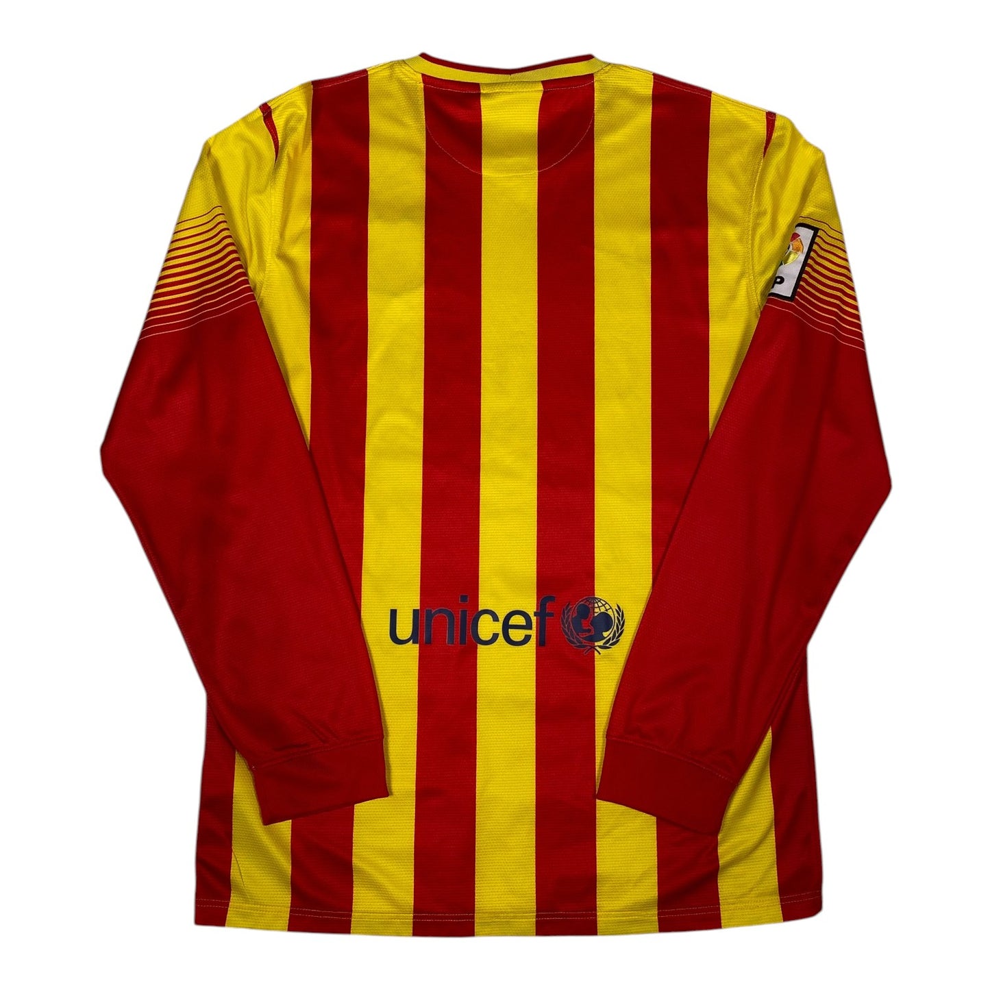A long-sleeve FC Barcelona soccer jersey with red and yellow vertical stripes, featuring a red collar and cuffs, a UNICEF logo on the chest, and a sleeve patch.