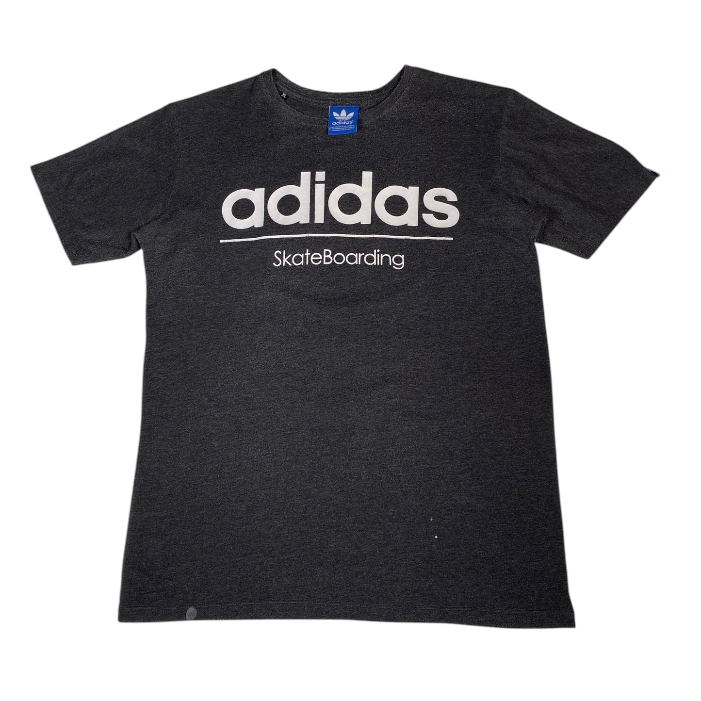 A dark heather gray Adidas Skateboarding t-shirt with a white printed logo on the front, displayed flat against a white background.