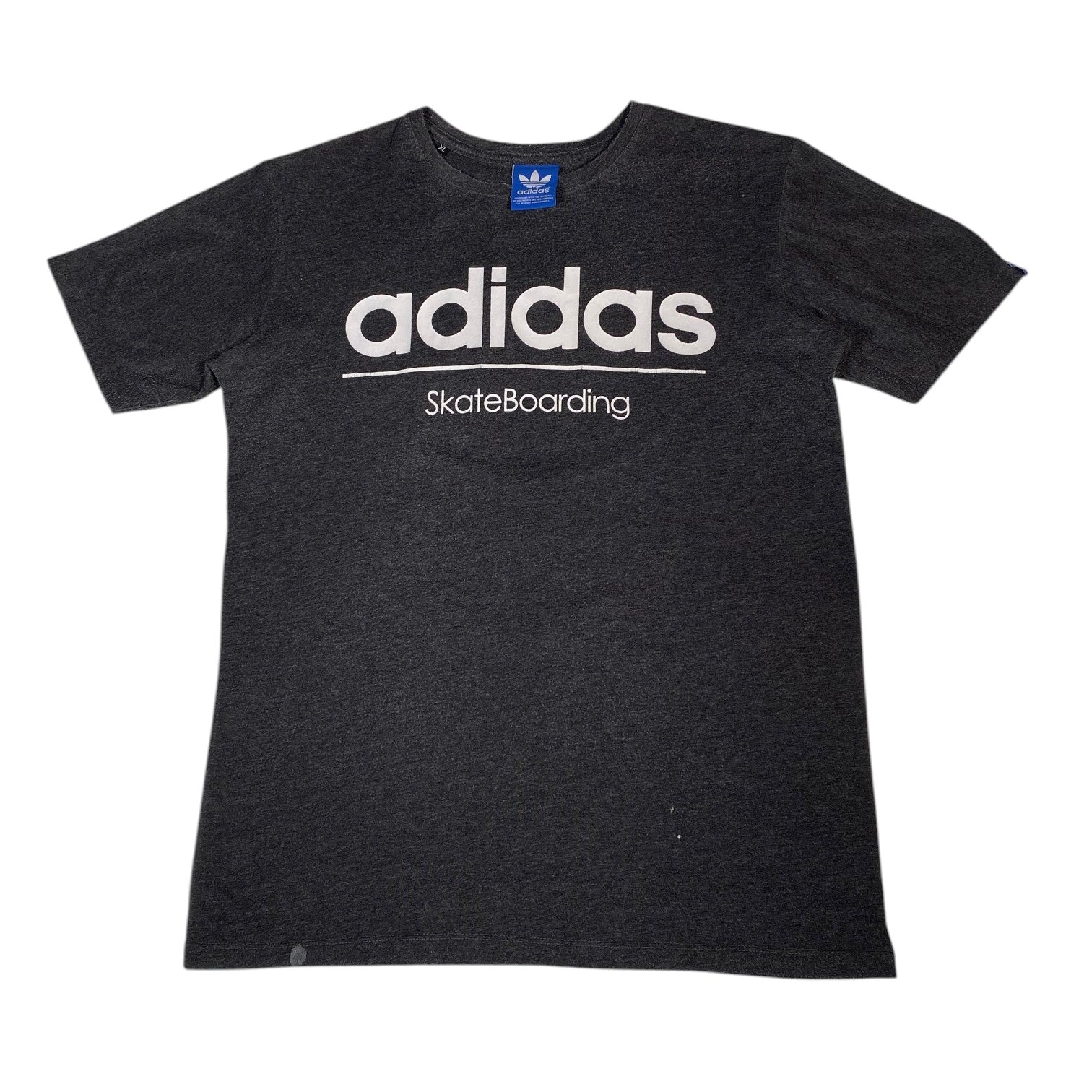 A dark heather gray Adidas Skateboarding t-shirt with a white printed logo on the front, displayed flat against a white background.