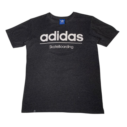 A dark heather gray Adidas Skateboarding t-shirt with a white printed logo on the front, displayed flat against a white background.