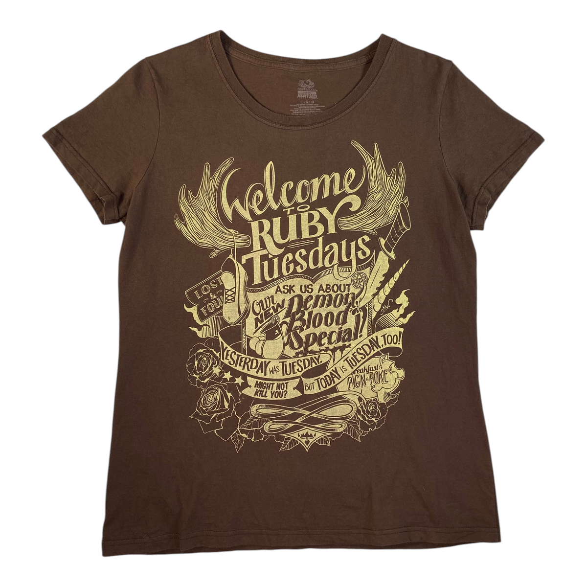 Digg It Thrift & Vintage brown Supernatural Ruby Tuesdays graphic t-shirt with cream screen-printed design