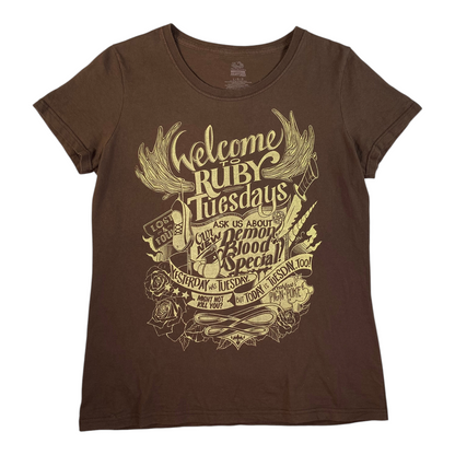 Digg It Thrift & Vintage brown Supernatural Ruby Tuesdays graphic t-shirt with cream screen-printed design