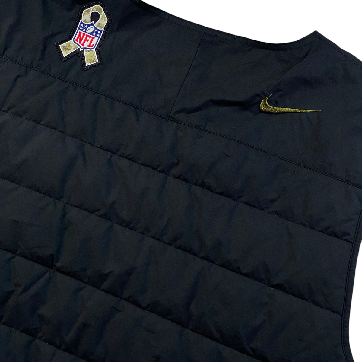 Digg It Thrift & Vintage Nike NFL Salute to Service black quilted tactical vest with camo ribbon patch