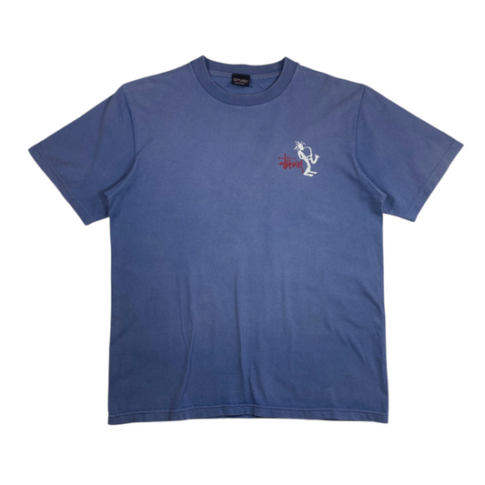 Digg It Thrift & Vintage faded blue Stüssy t-shirt featuring a small saxophone player graphic on the chest
