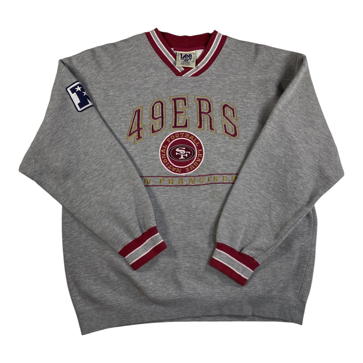 Digg It Thrift & Vintage grey San Francisco 49ers NFL V-neck sweatshirt with red and white striped ribbed trim