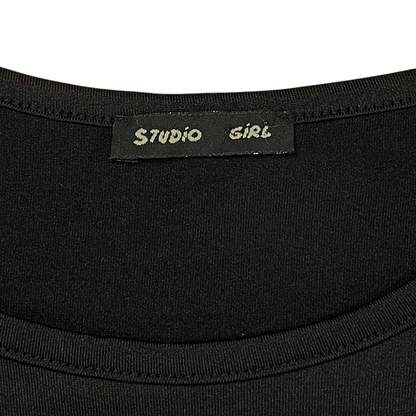Digg It Thrift & Vintage Studio Girl black raglan top brand label detail