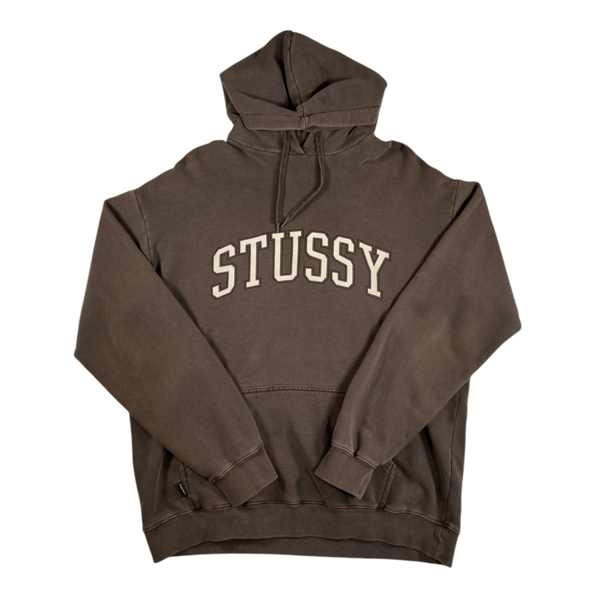 Digg It Thrift & Vintage faded mocha brown Stüssy hoodie with collegiate arch logo and oversized fit