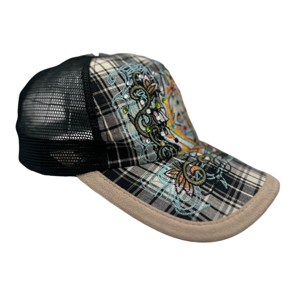 Digg It Thrift & Vintage Y2K Ed Hardy trucker cap with rhinestone skull, plaid brim, and black mesh back panels.