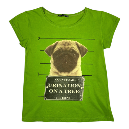 Digg It Thrift & Vintage lime green cap sleeve t-shirt featuring a pug mugshot graphic with funny text