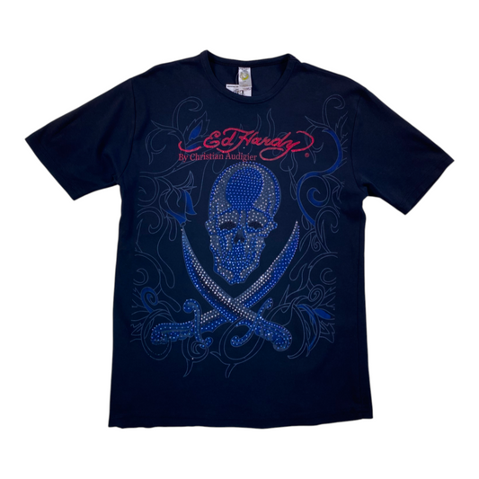 Digg It Thrift & Vintage black Ed Hardy t-shirt featuring a blue rhinestone skull and swords graphic design