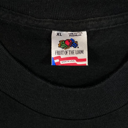 Digg It Thrift & Vintage black The Three Stooges t-shirt tag showing Fruit of the Loom XL size and USA made label