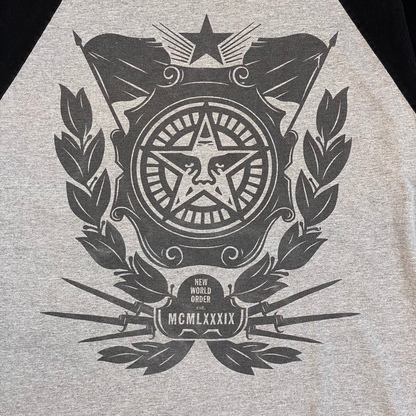 Digg It Thrift & Vintage Obey Propaganda two-tone raglan graphic t-shirt in grey with black sleeves and star logo