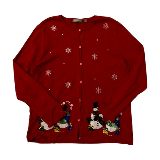 Red Christmas Snowmen Button Up Sweater