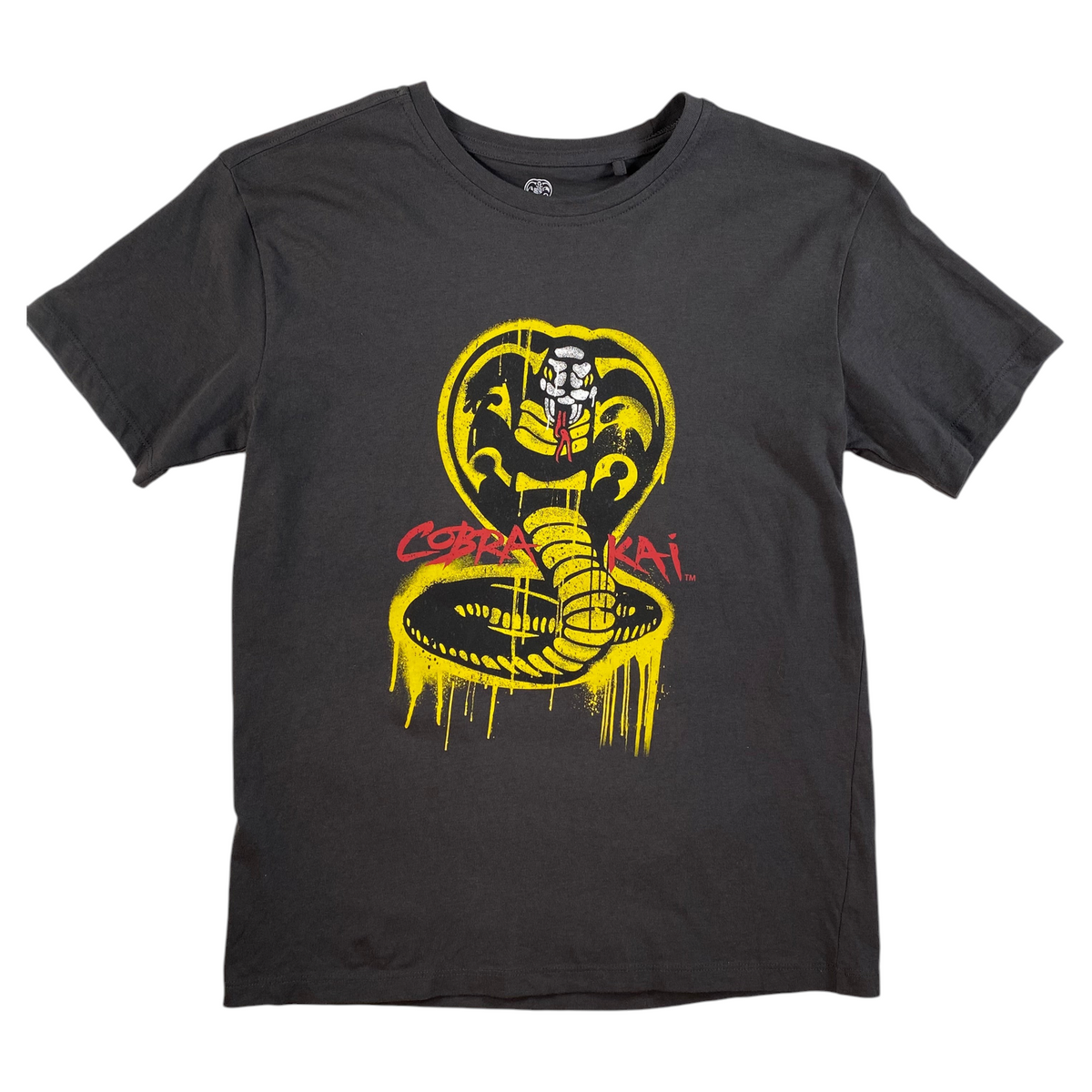 Digg It Thrift & Vintage charcoal grey Cobra Kai t-shirt with yellow snake drip logo graphic, size XS fit