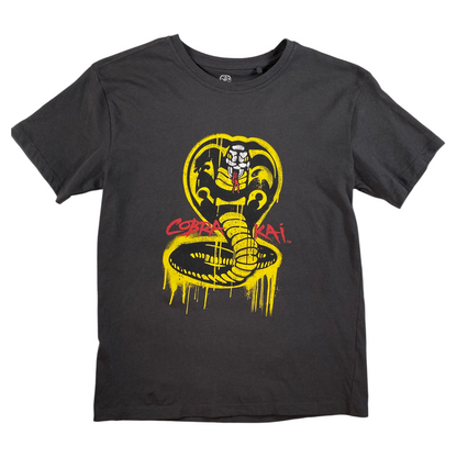 Digg It Thrift & Vintage charcoal grey Cobra Kai t-shirt with yellow snake drip logo graphic, size XS fit