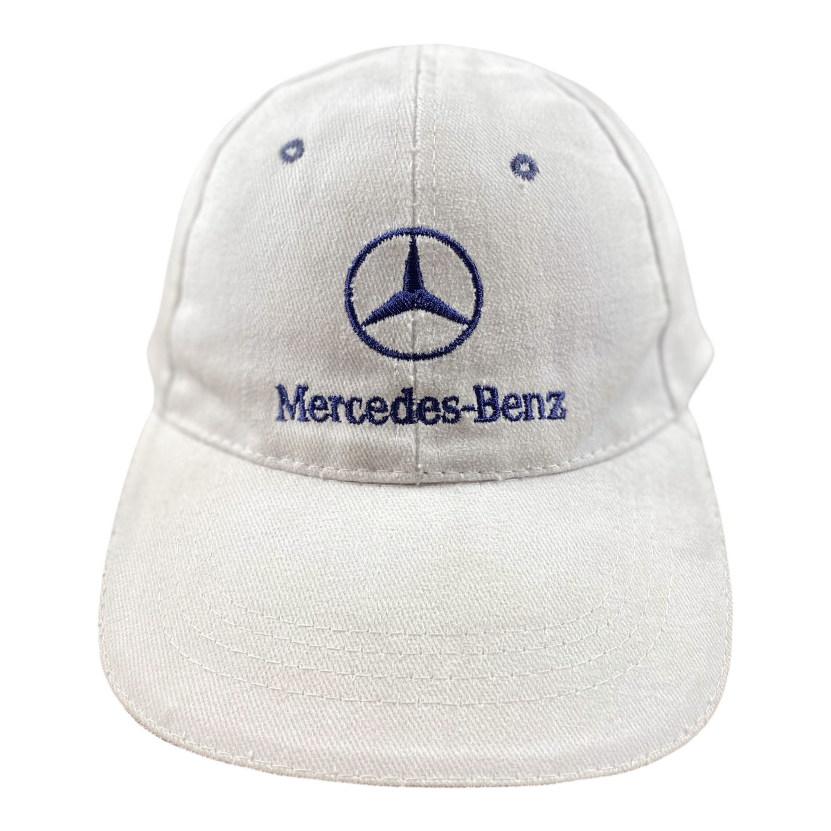 Digg It Thrift & Vintage white Mercedes-Benz baseball cap with blue embroidered logo and light staining