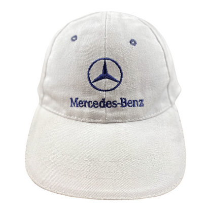 Digg It Thrift & Vintage white Mercedes-Benz baseball cap with blue embroidered logo and light staining