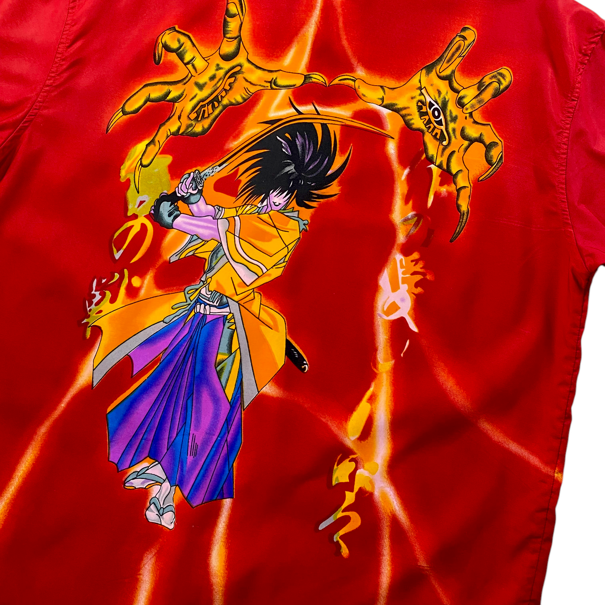 Digg It Thrift & Vintage red short sleeve shirt featuring a vibrant anime samurai graphic and claw design
