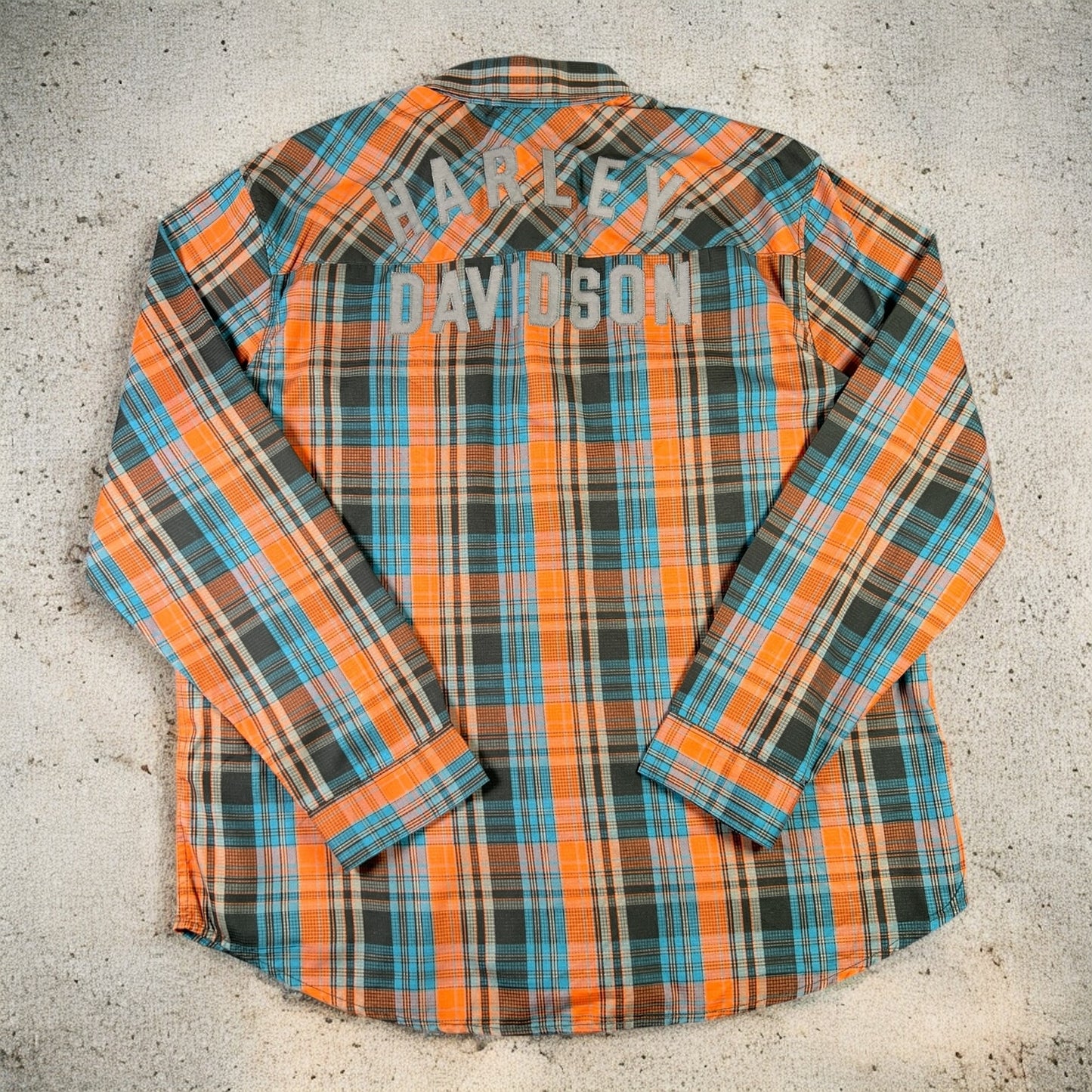 Harley Davidson orange and blue checkers shirt