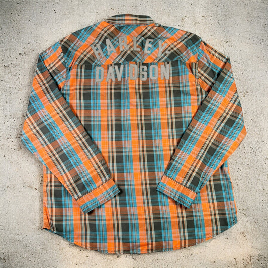 Harley Davidson orange and blue checkers shirt