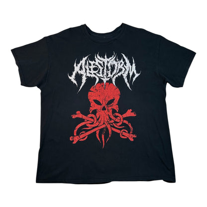 A black short-sleeve t-shirt featuring a distressed red skull and crossbones graphic with tentacles, and the white metal-style band name 'Mestorm' printed above it.