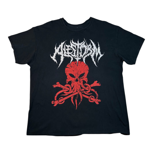 A black short-sleeve t-shirt featuring a distressed red skull and crossbones graphic with tentacles, and the white metal-style band name 'Mestorm' printed above it.