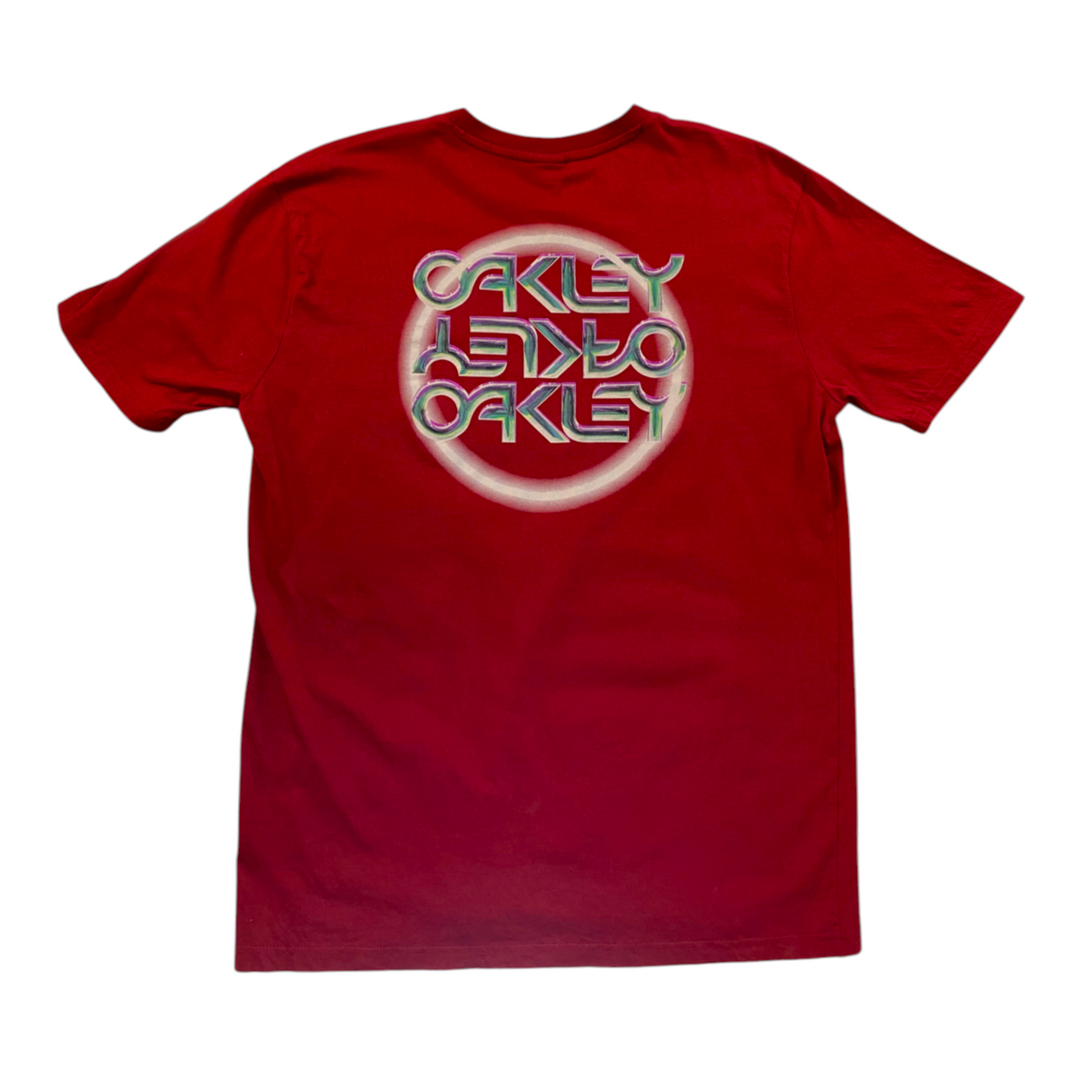 Digg It Thrift & Vintage rust red Oakley graphic t-shirt featuring a metallic bubble logo print on the back