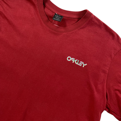Digg It Thrift & Vintage rust red Oakley t-shirt with a metallic bubble logo graphic on the chest