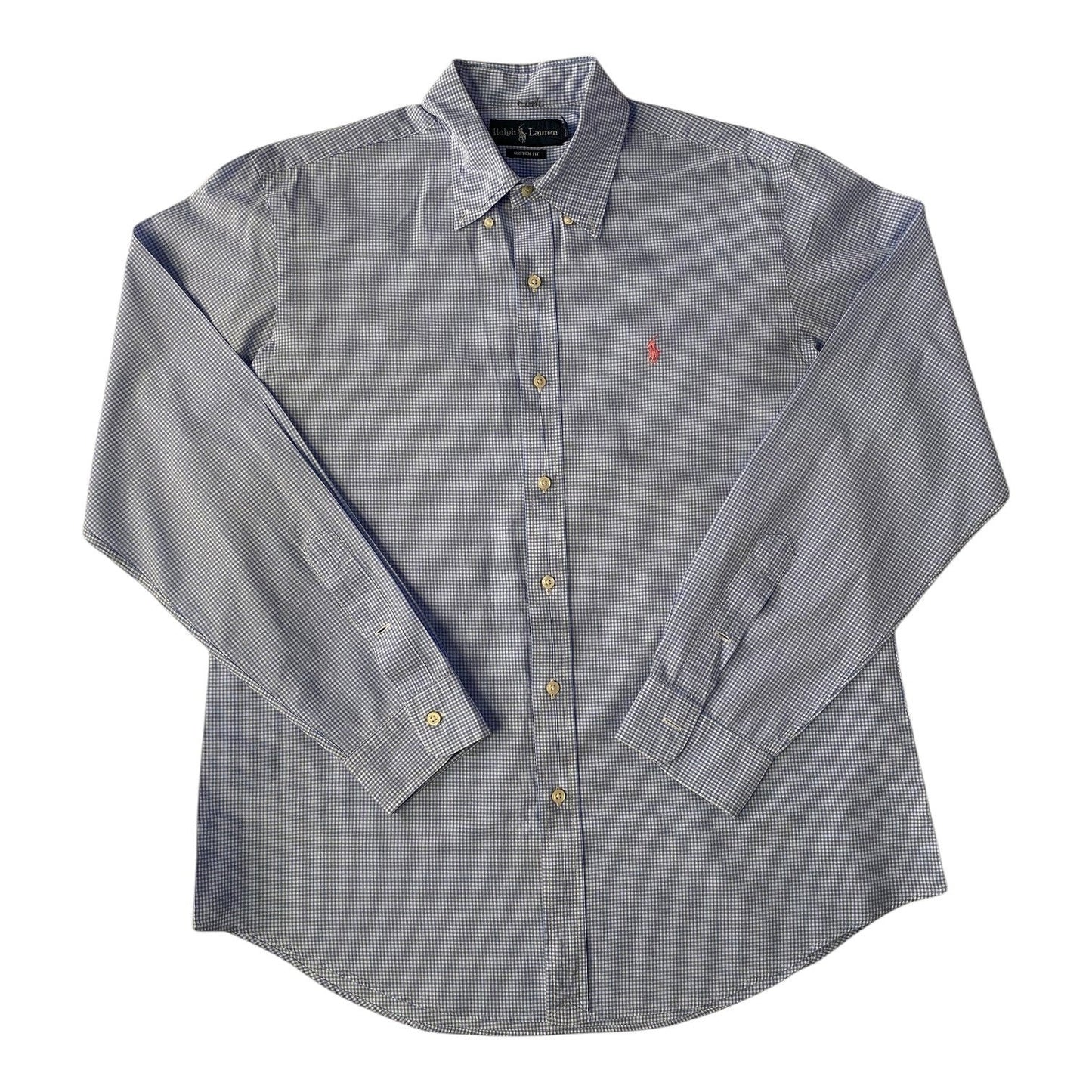 Ralph Lauren Blue & White Gingham Check Pattern Custom Fit Button Down Shirt