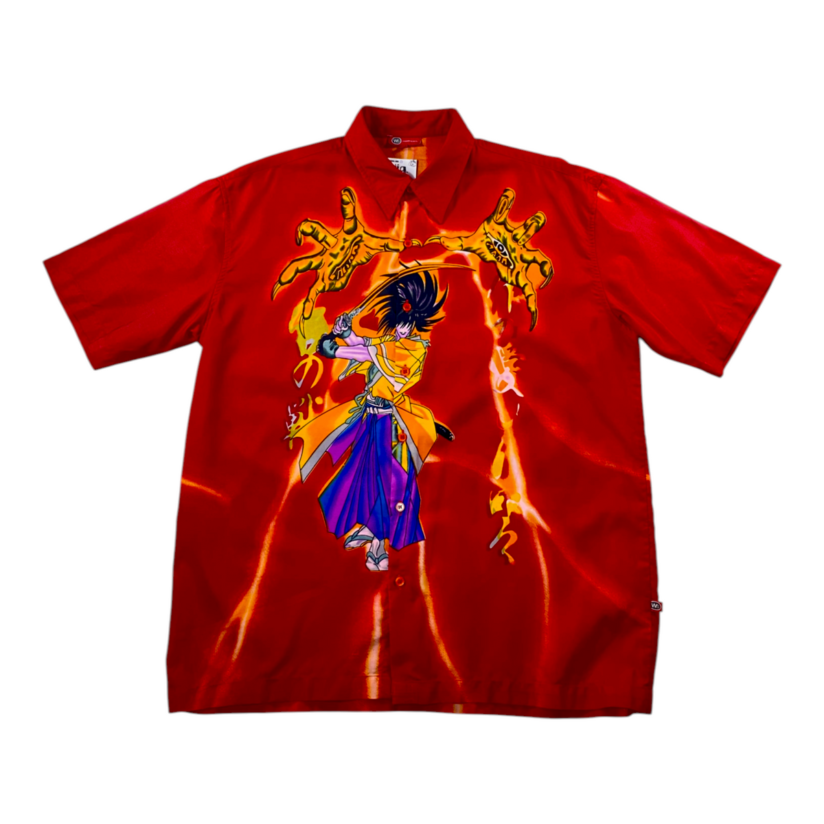 Digg It Thrift & Vintage red short sleeve button-up shirt featuring a vibrant anime samurai graphic print.