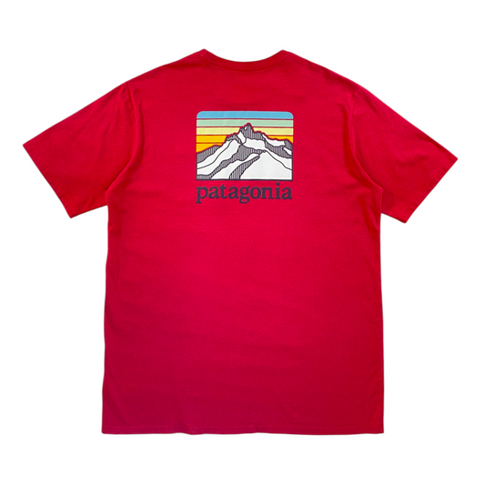 Digg It Thrift & Vintage brick red Patagonia t-shirt featuring a mountain ridge graphic print on the back