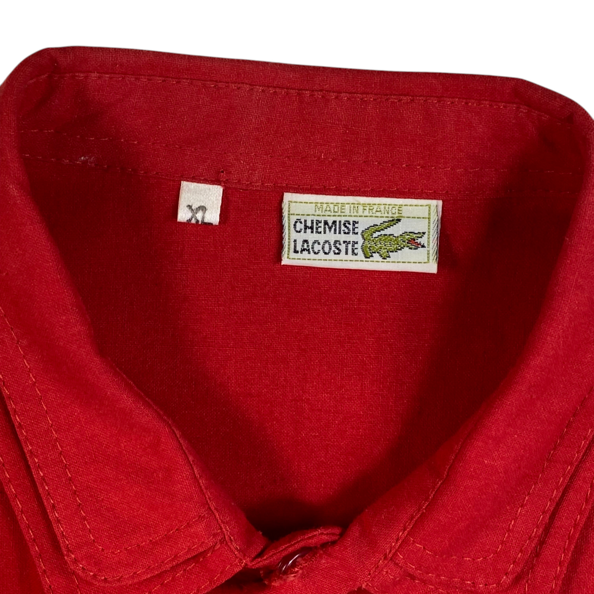 Digg It Thrift & Vintage red Chemise Lacoste short sleeve safari shirt with Made in France label and XL size tag